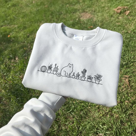 Embroidered Cat Sweatshirt, Botanical Shelf, Cozy Cat Lover Gift