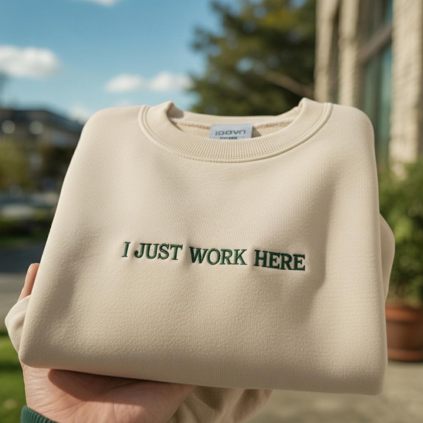 I Just Work Here Embroidered Crewneck, Comfort Colors Tee, Funny Gift, Adult Humor Shirt, Sarcastic Saying, Sarcastic Meme Shirt