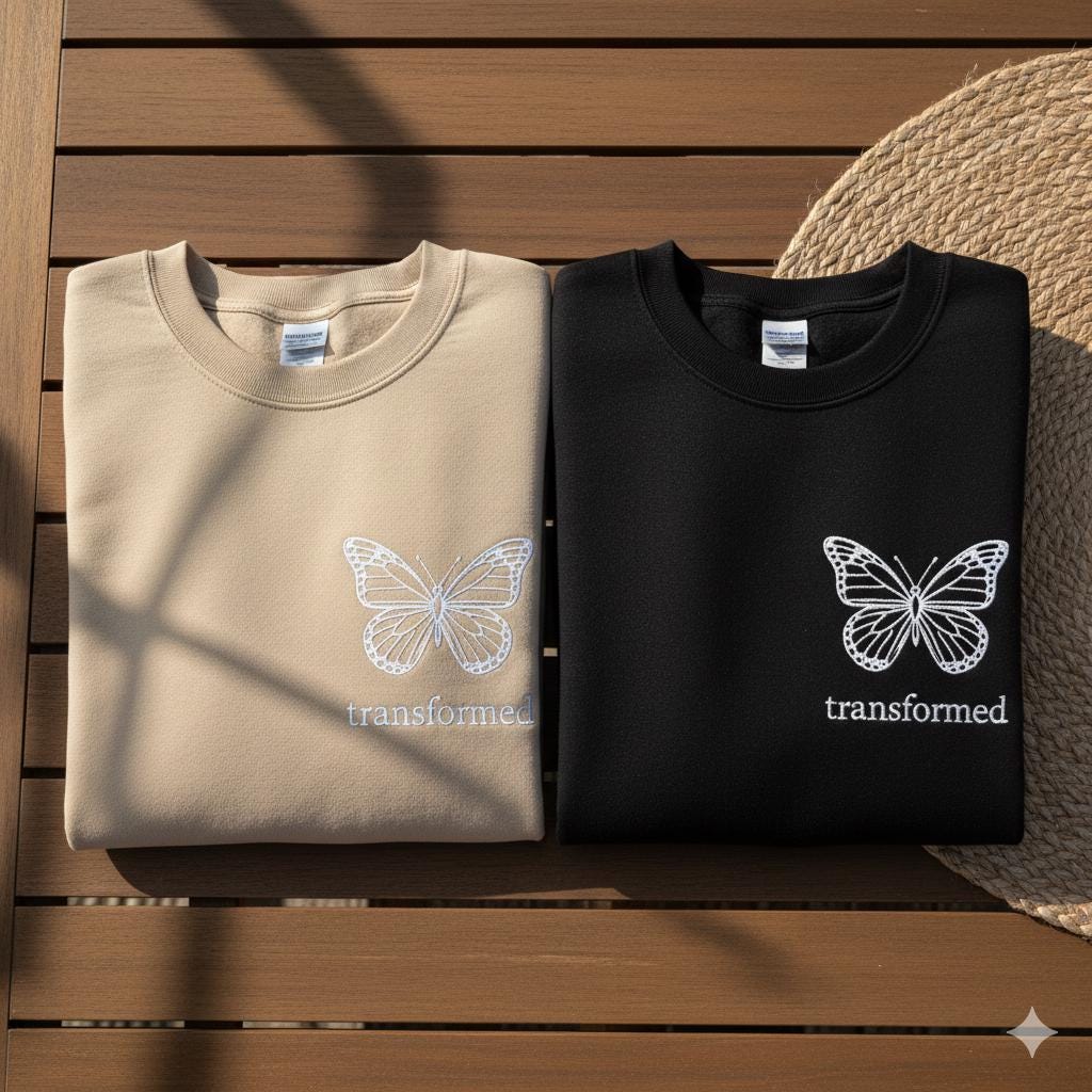 Embroidered Butterfly Transformed Cross Shirt, Christian Faith Tee