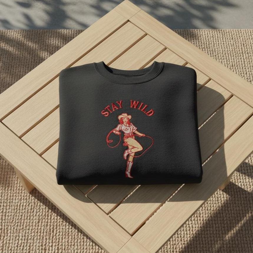 Stay Wild Cowgirl Embroidered Sweatshirt, Western Embroidery Crewneck, Oversized Country Rodeo Shirt Gift