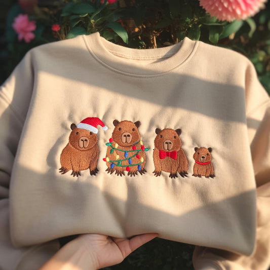 Capybara Christmas Sweatshirt, Embroidered Capybara Crewneck, Cute Animal Holiday Top, Capybara Lover Gift, Funny Xmas Sweater