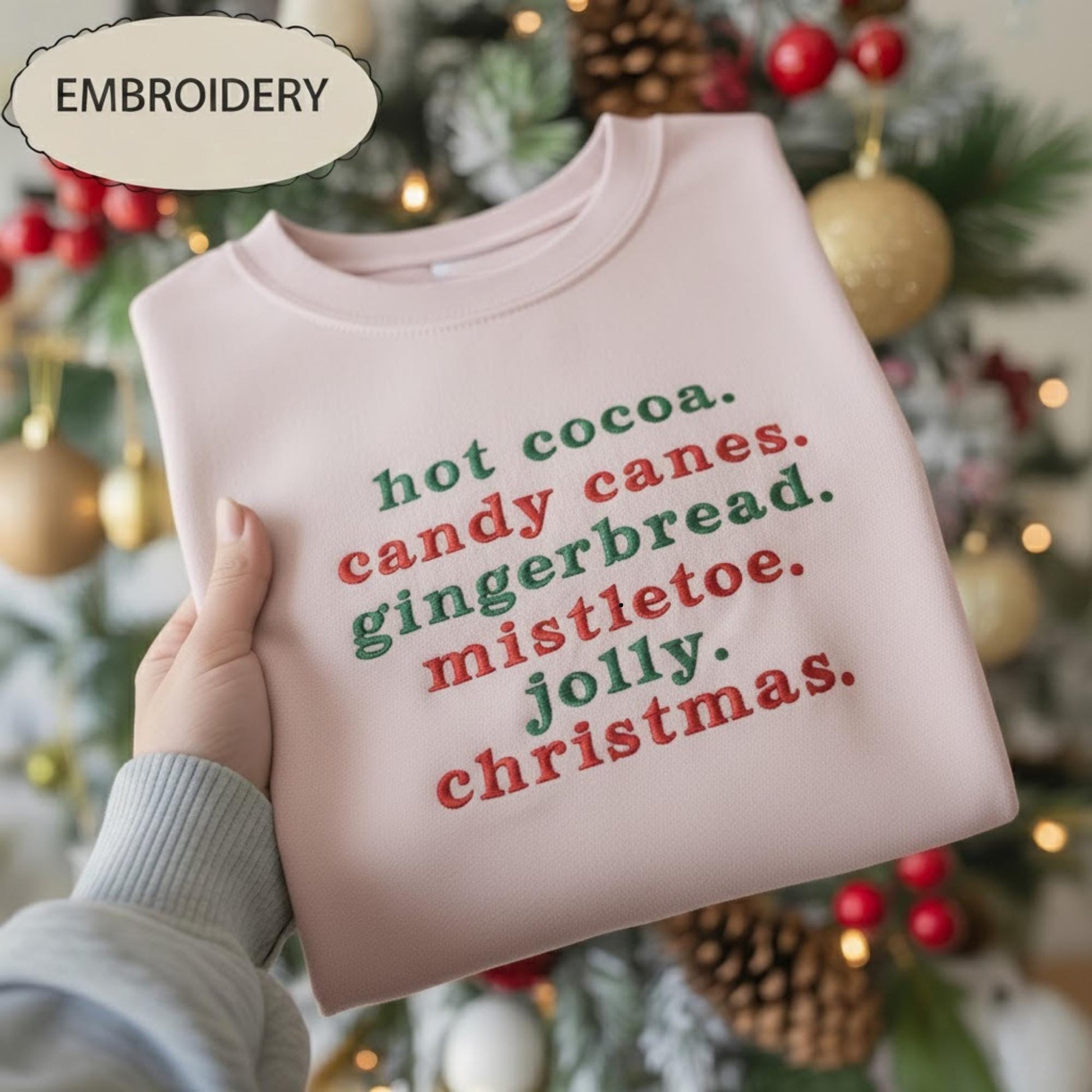 Embroidered Christmas Phrases Shirt, Hot Cocoa Candy Canes Tee, Minimalist Holiday Top, Festive Xmas Crewneck, Cute Christmas Gift