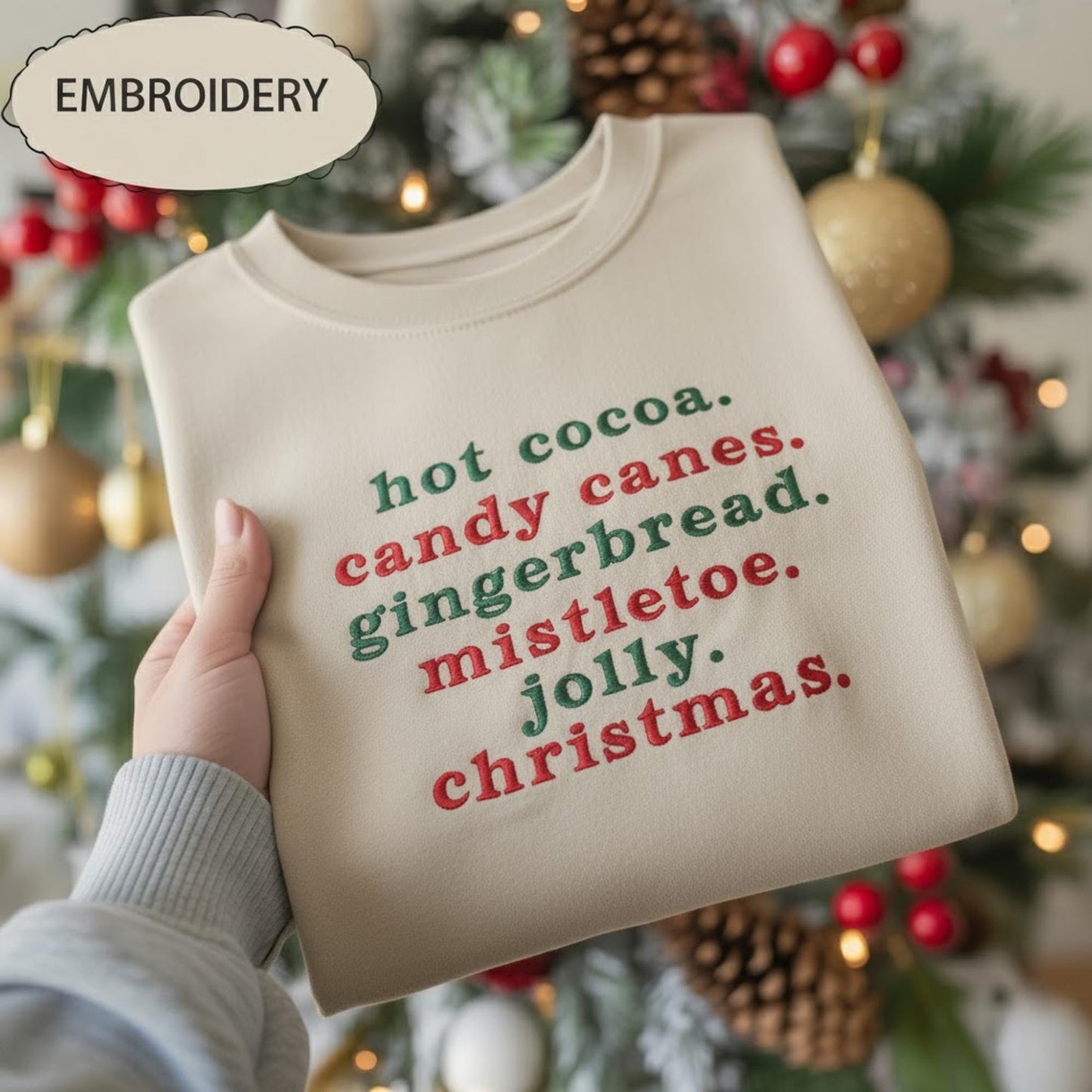 Embroidered Christmas Phrases Shirt, Hot Cocoa Candy Canes Tee, Minimalist Holiday Top, Festive Xmas Crewneck, Cute Christmas Gift