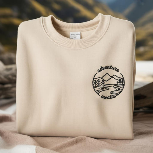 Embroidered 'Adventure Awaits' Sweatshirt, Mountain Camping Shirt
