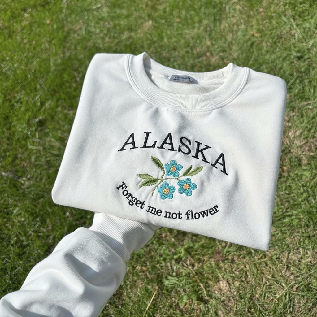 Alaska State Flower Embroidered Crewneck, Forget-Me-Not Blossom Sweatshirt, Alaska Floral Souvenir Gift