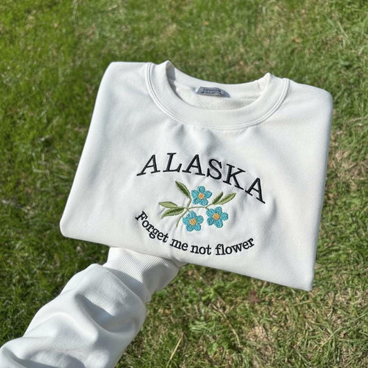 Alaska State Flower Embroidered Crewneck, Forget-Me-Not Blossom Sweatshirt, Alaska Floral Souvenir Gift