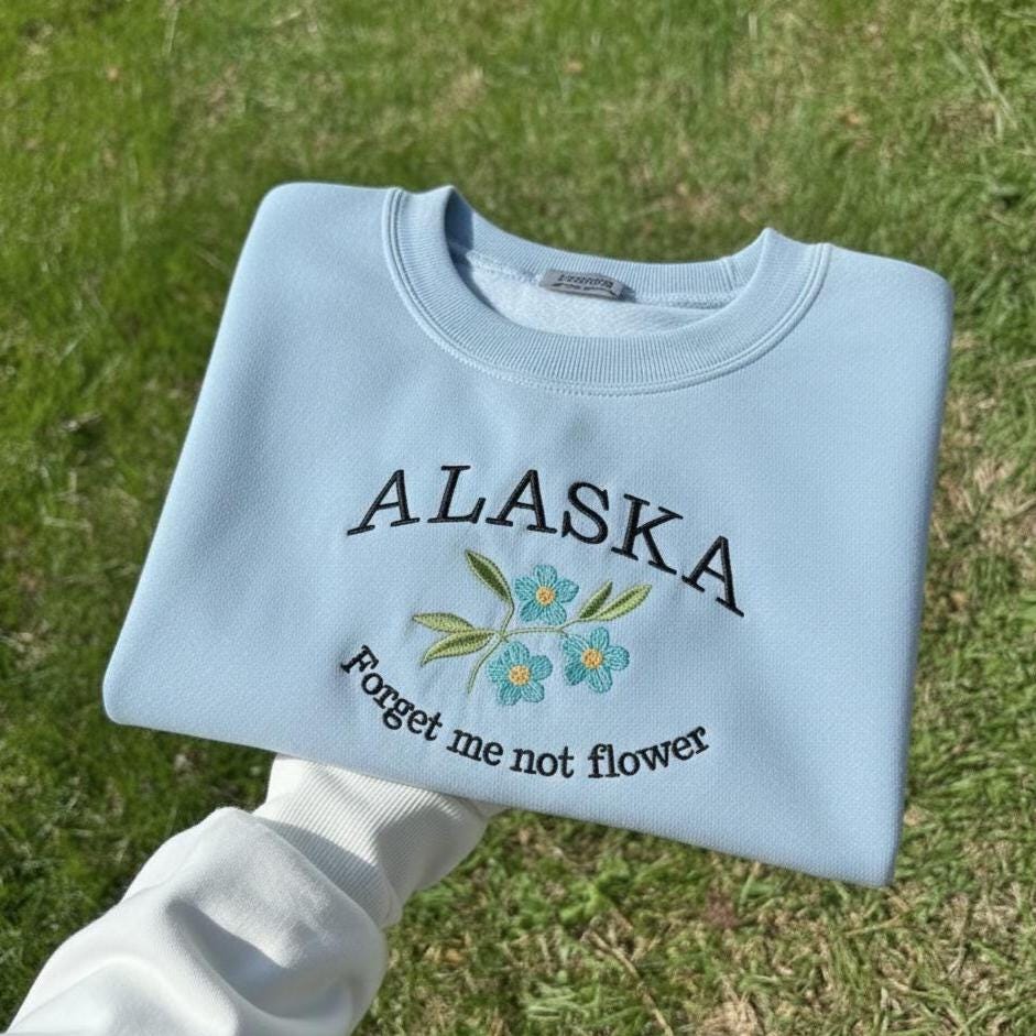 Alaska State Flower Embroidered Crewneck, Forget-Me-Not Blossom Sweatshirt, Alaska Floral Souvenir Gift