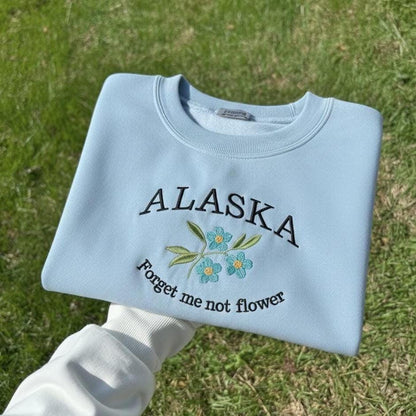 Alaska State Flower Embroidered Crewneck, Forget-Me-Not Blossom Sweatshirt, Alaska Floral Souvenir Gift