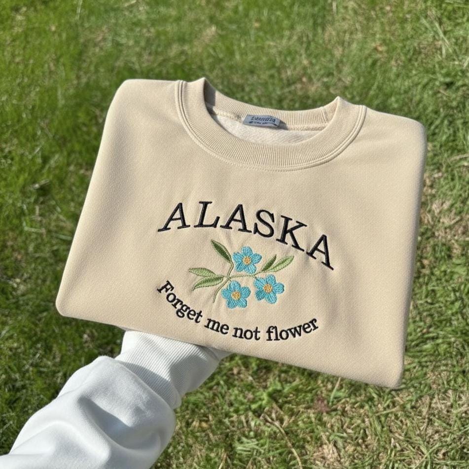 Alaska State Flower Embroidered Crewneck, Forget-Me-Not Blossom Sweatshirt, Alaska Floral Souvenir Gift