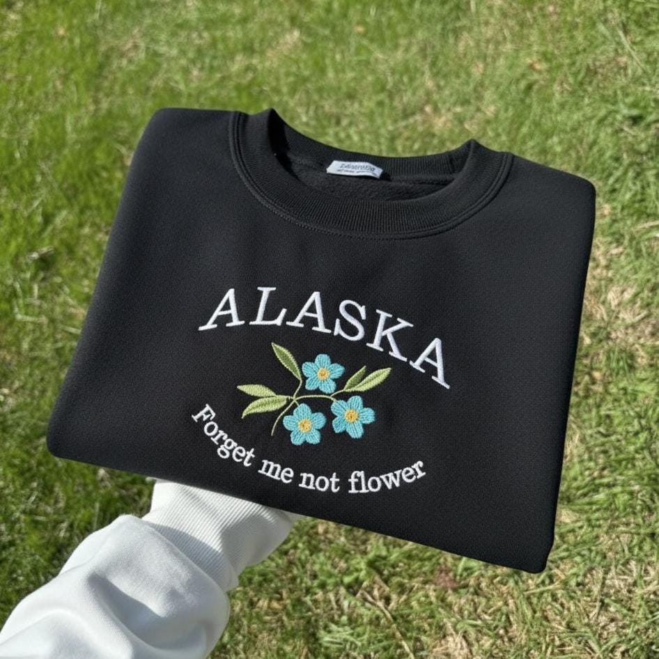 Alaska State Flower Embroidered Crewneck, Forget-Me-Not Blossom Sweatshirt, Alaska Floral Souvenir Gift