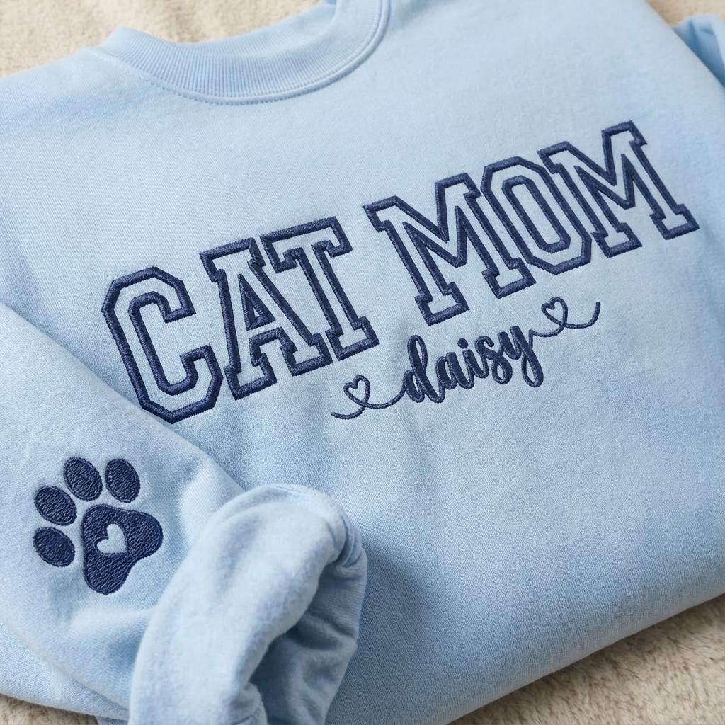 Custom Dog Mom Sweatshirt, Personalized Pet Name Crewneck, Mother’s Day Gift, Embroidered Cat Mama Shirt, New Puppy Announcement