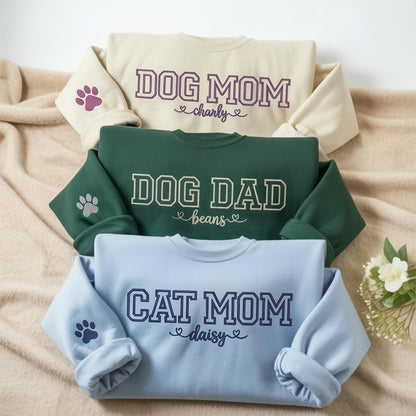 Custom Dog Mom Sweatshirt, Personalized Pet Name Crewneck, Mother’s Day Gift, Embroidered Cat Mama Shirt, New Puppy Announcement
