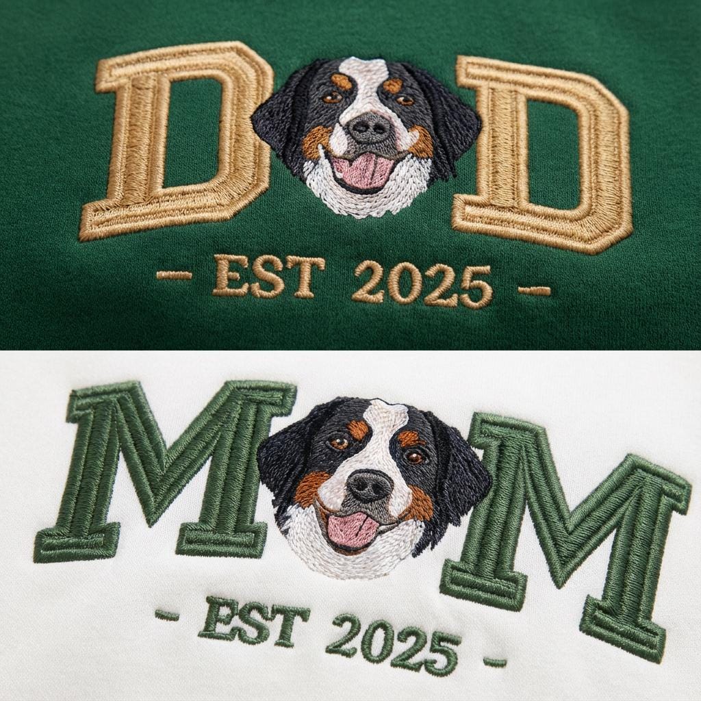 Embroidered Dog Mom Dad Sweatshirt, Custom Pet Portrait Varsity Crewneck, Mother’s Day Gift for Dog Lovers, Personalized Dog Gift