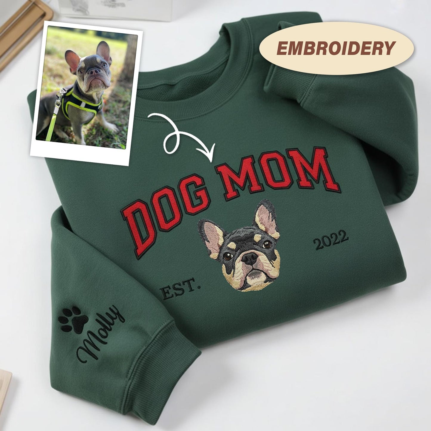 Custom Cat Mom Sweatshirt, Embroidered Pet Portrait From Photo Shirt, Varsity Crewneck, Paw On Sleeve, Personalized Cat Gift, Est Date Shirt