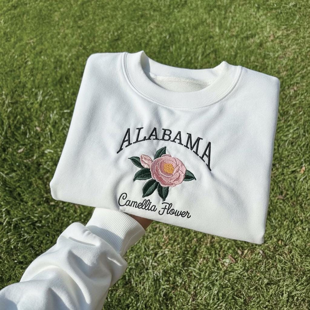 Alabama State Flower Embroidered Crewneck, Camellia Blossom Sweatshirt, Alabama Floral Souvenir Gift