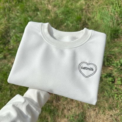 Oat Milk Embroidered Sweatshirt, Minimalist Vegan Crewneck