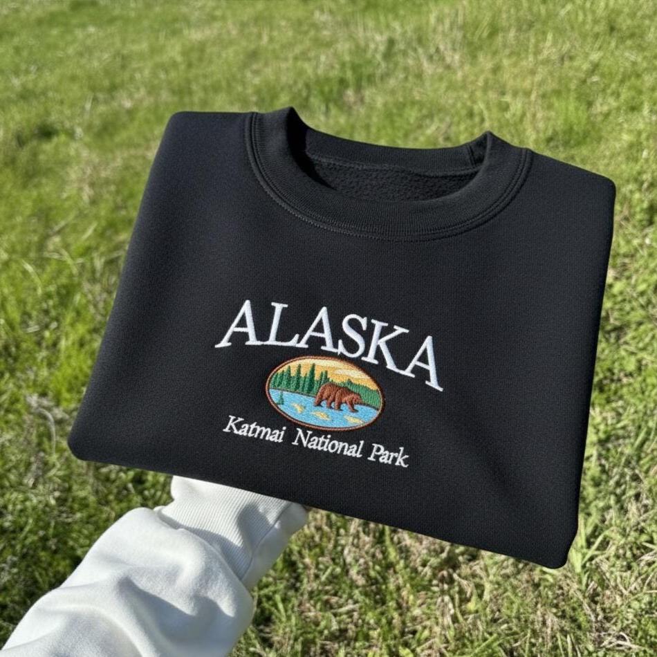 Alaska Katmai National Park Embroidered Sweatshirt, Vintage Style
