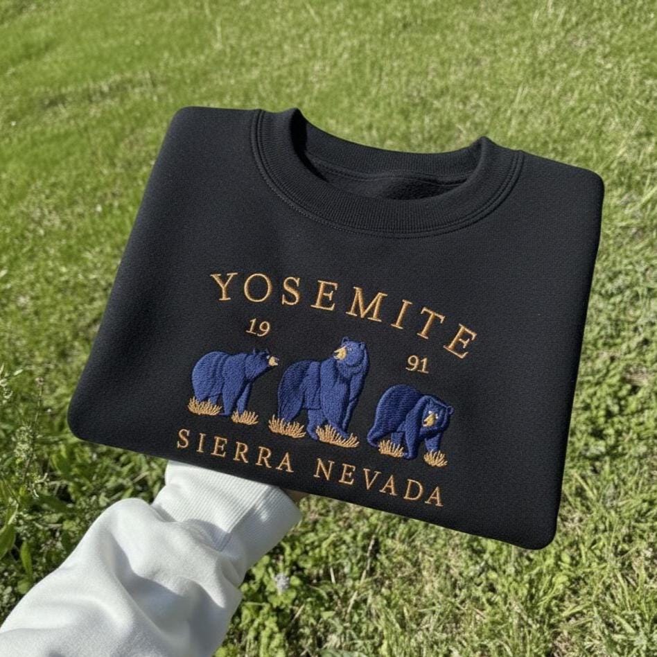 Yosemite Embroidered Sweatshirt, Sierra Nevada Bear Crewneck, Yosemite National Park Wildlife Souvenir Gift