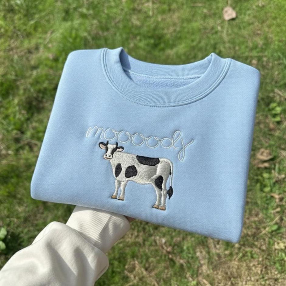 Embroidered Cow Sweatshirt, Moody Farm Animal Crewneck