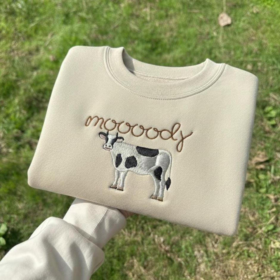 Embroidered Cow Sweatshirt, Moody Farm Animal Crewneck