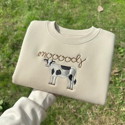 Embroidered Cow Sweatshirt, Moody Farm Animal Crewneck