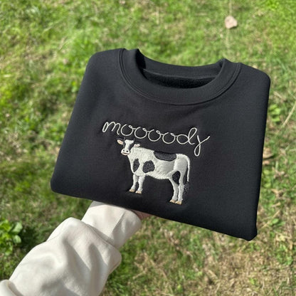 Embroidered Cow Sweatshirt, Moody Farm Animal Crewneck