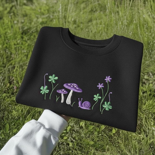 Embroidered Mushroom Snail Sweatshirt, Cottagecore Crewneck
