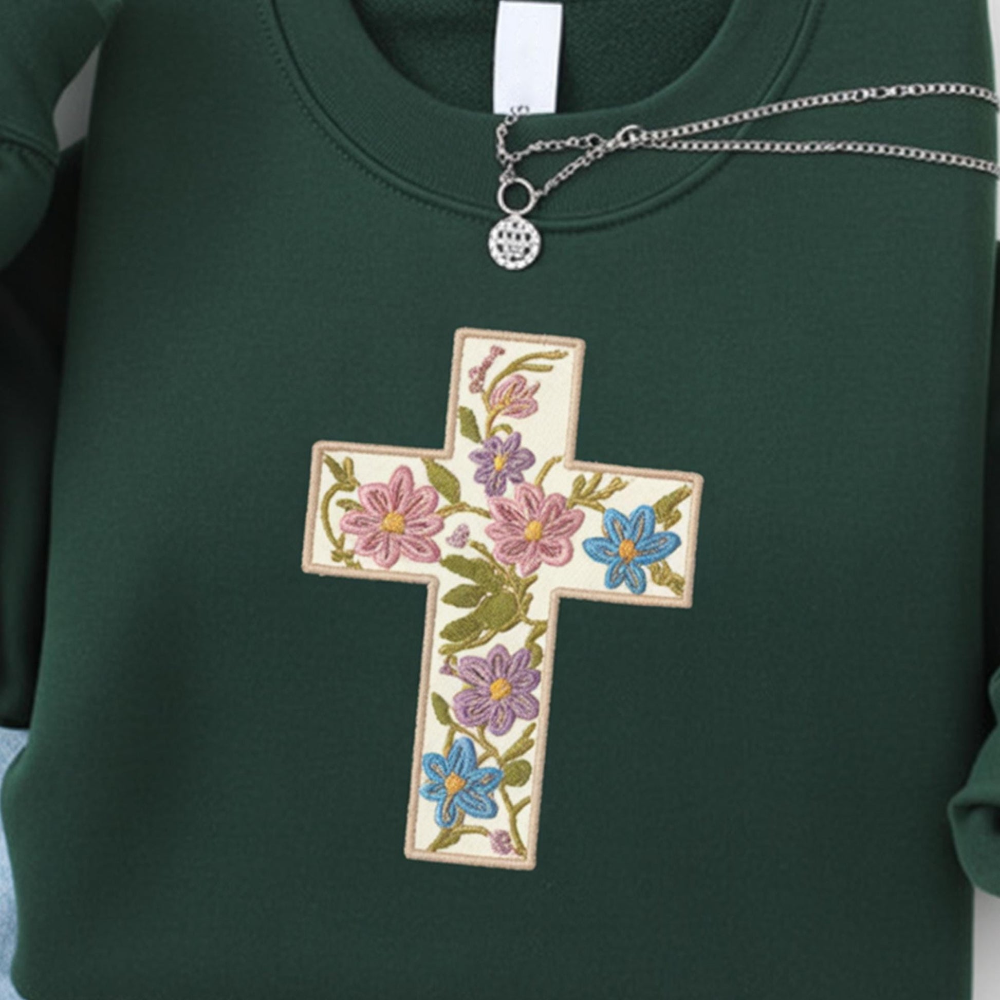 Embroidered Floral Cross Sweatshirt: Christian Faith Crewneck