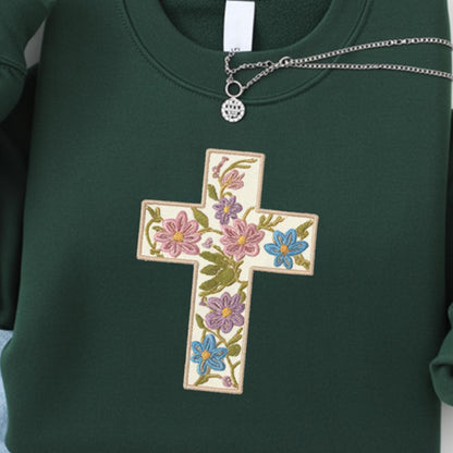 Embroidered Floral Cross Sweatshirt: Christian Faith Crewneck