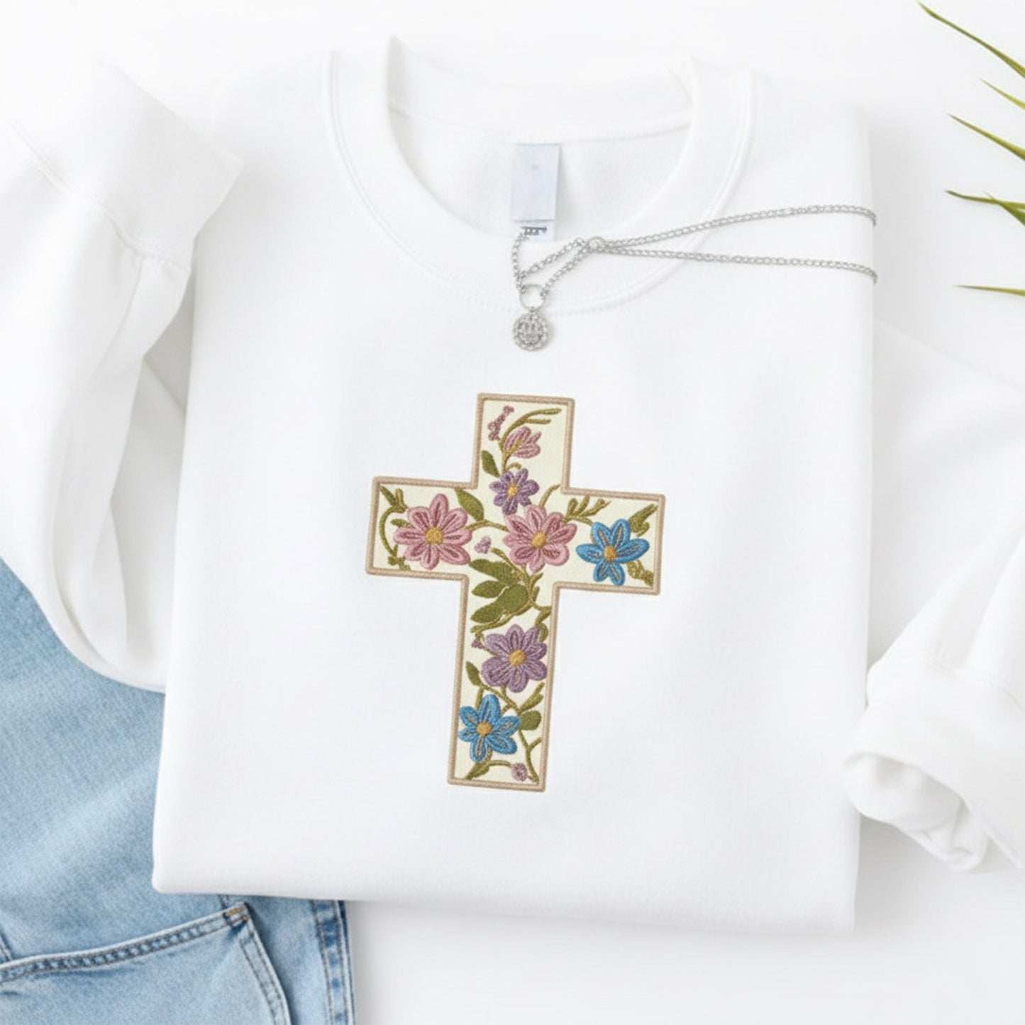 Embroidered Floral Cross Sweatshirt: Christian Faith Crewneck