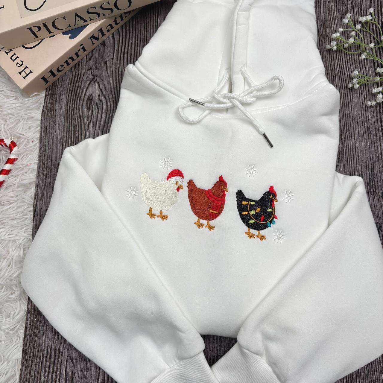 Cute Christmas Chickens Embroidered Sweatshirt, Farm Animal Holiday Crewneck, Funny Chicken Xmas Sweater, Cozy Winter Gift for Her