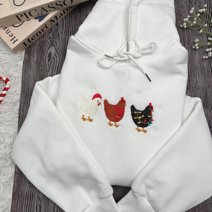 Cute Christmas Chickens Embroidered Sweatshirt, Farm Animal Holiday Crewneck, Funny Chicken Xmas Sweater, Cozy Winter Gift for Her