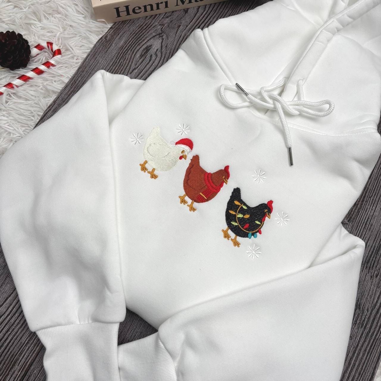 Cute Christmas Chickens Embroidered Sweatshirt, Farm Animal Holiday Crewneck, Funny Chicken Xmas Sweater, Cozy Winter Gift for Her