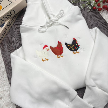 Cute Christmas Chickens Embroidered Sweatshirt, Farm Animal Holiday Crewneck, Funny Chicken Xmas Sweater, Cozy Winter Gift for Her