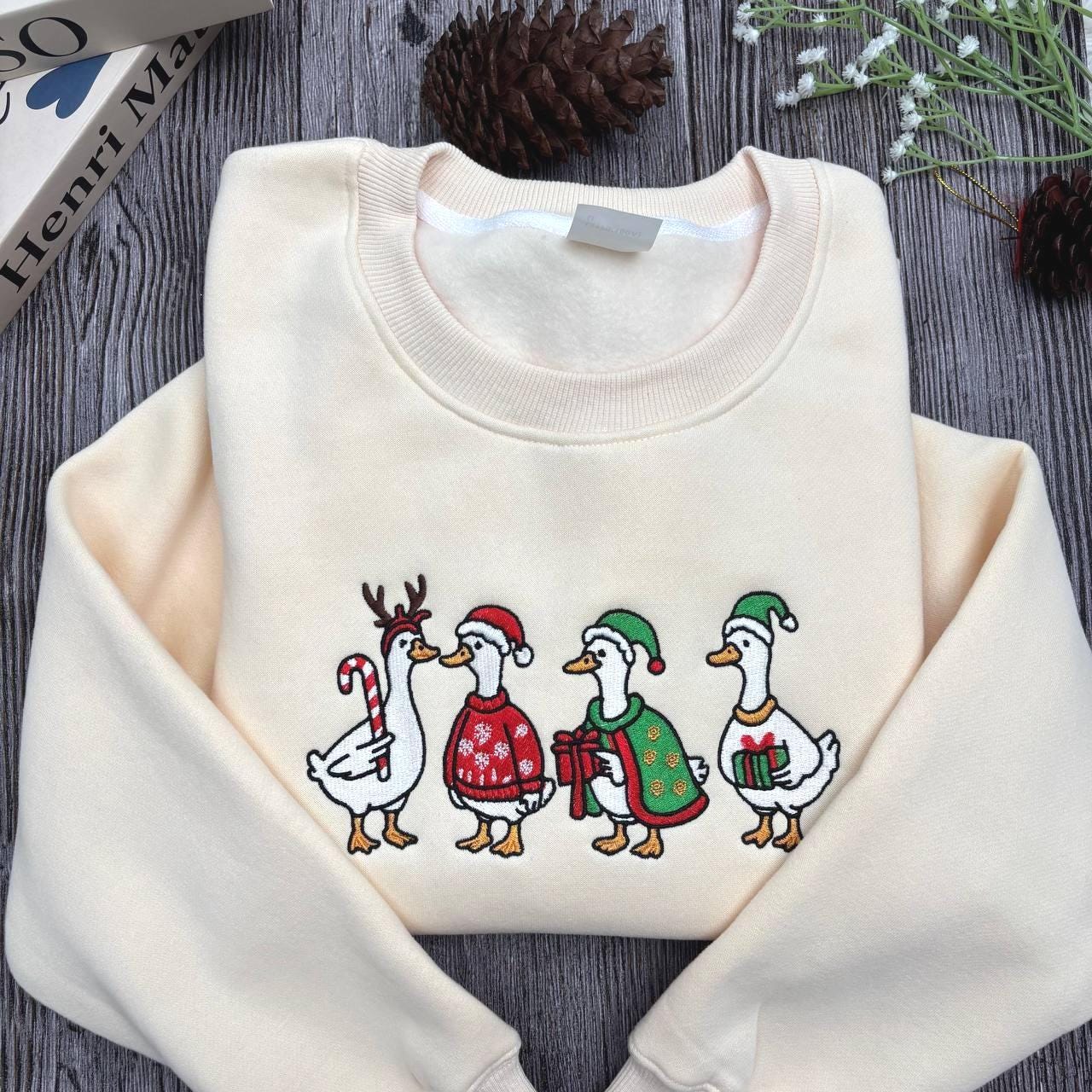 Embroidered Silly Goose Christmas Sweatshirt, Funny Jolly Goose Holiday Crewneck, Santa Goose Lights Sweater, Cute Xmas Gift for Her