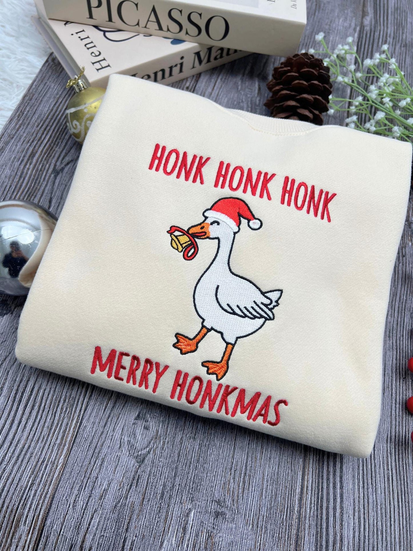 Honk Honk Honk Merry Honkmas Embroidered Sweatshirt, Funny Christmas Goose Sweatshirt, Silly Goose Xmas Crewneck, Holiday Humor Gift