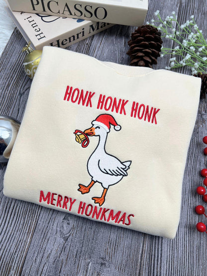 Honk Honk Honk Merry Honkmas Embroidered Sweatshirt, Funny Christmas Goose Sweatshirt, Silly Goose Xmas Crewneck, Holiday Humor Gift