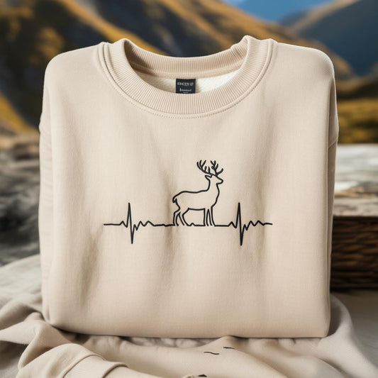 Embroidered Deer Heartbeat Sweatshirt, Hunting Camp Shirt