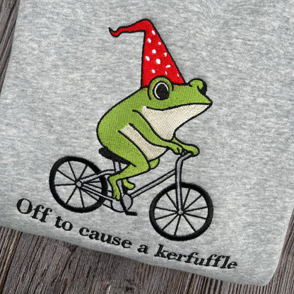Funny Frog Embroidered T-Shirt, Off to Cause a Kerfuffle Comfort Colors Embroidery Tee, Cute Funny Frog Embroidered Shirt Gift
