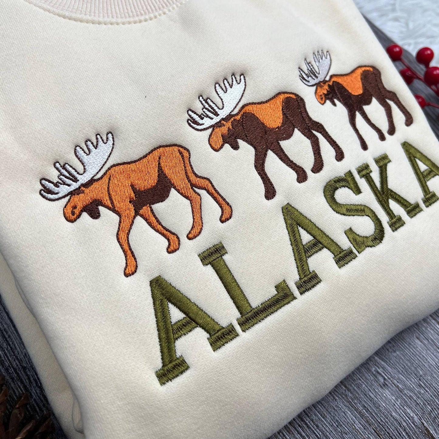 Alaska Embroidered Sweatshirt, Moose Design Crewneck, Cozy Wilderness Sweater, Nature Lover Gift