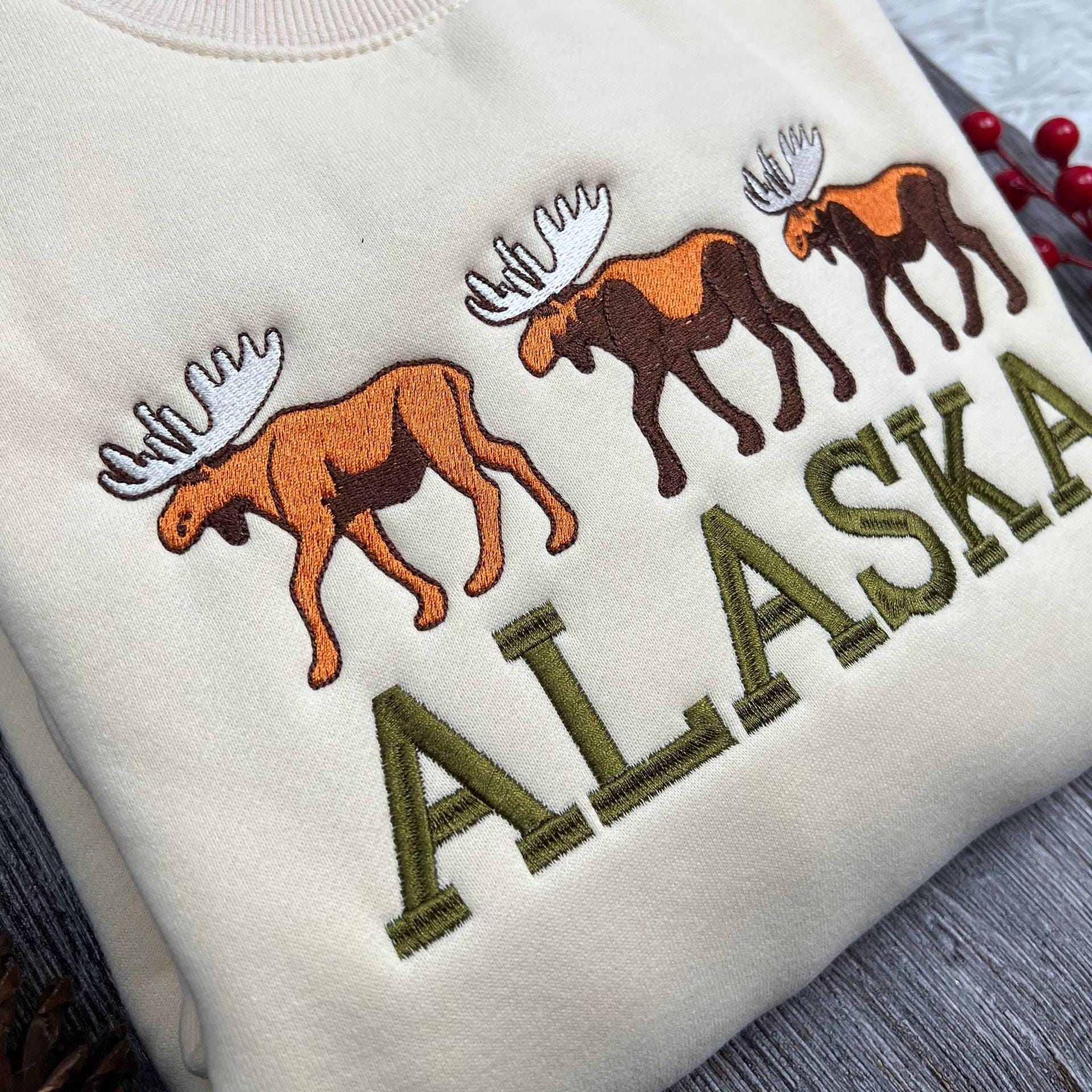Alaska Embroidered Sweatshirt, Moose Design Crewneck, Cozy Wilderness Sweater, Nature Lover Gift