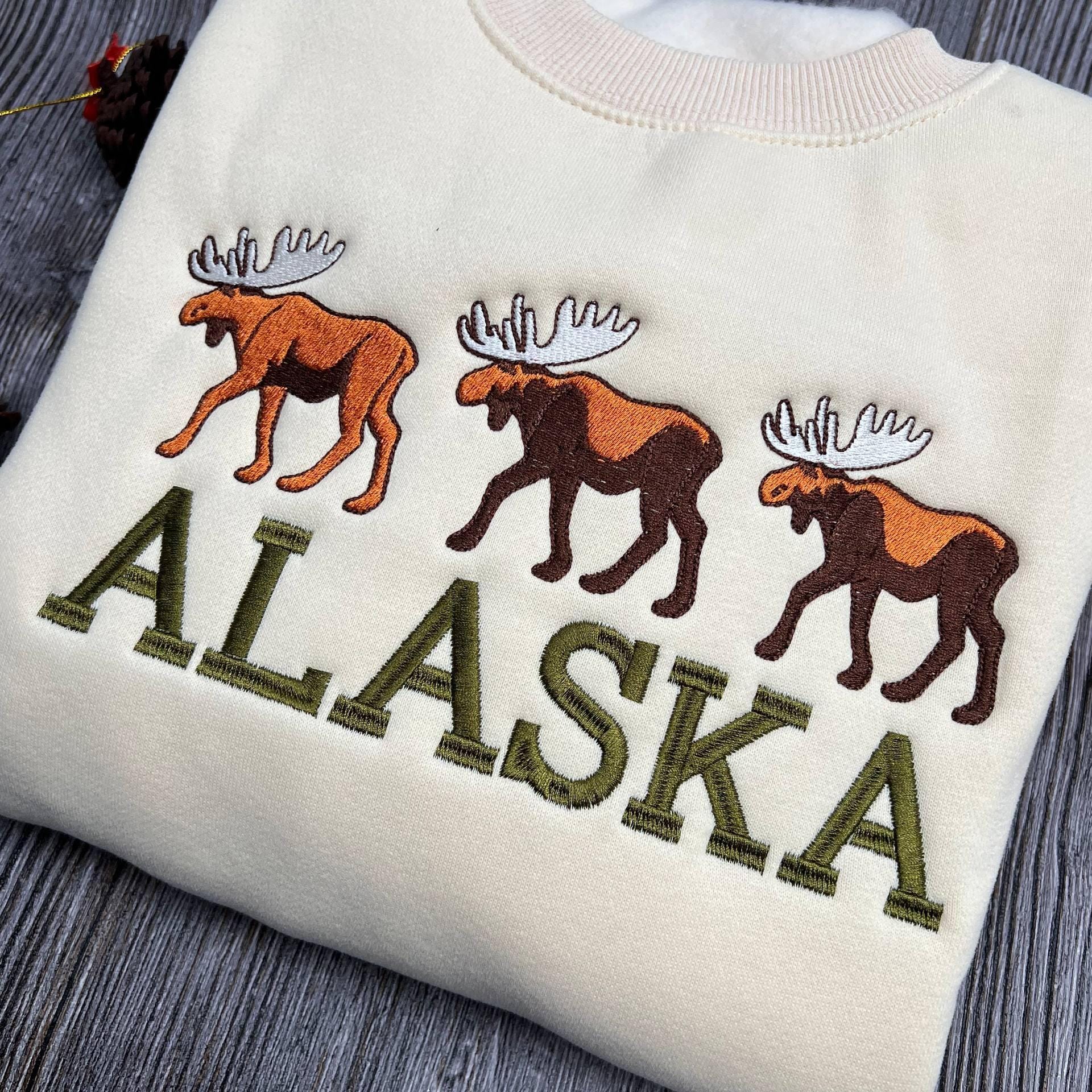 Alaska Embroidered Sweatshirt, Moose Design Crewneck, Cozy Wilderness Sweater, Nature Lover Gift