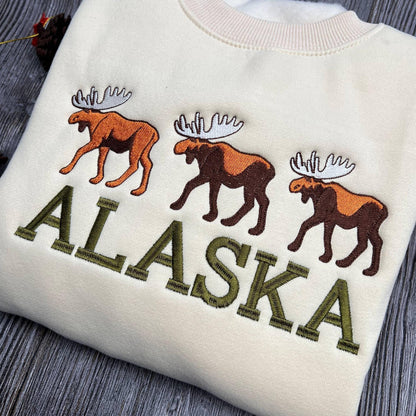Alaska Embroidered Sweatshirt, Moose Design Crewneck, Cozy Wilderness Sweater, Nature Lover Gift