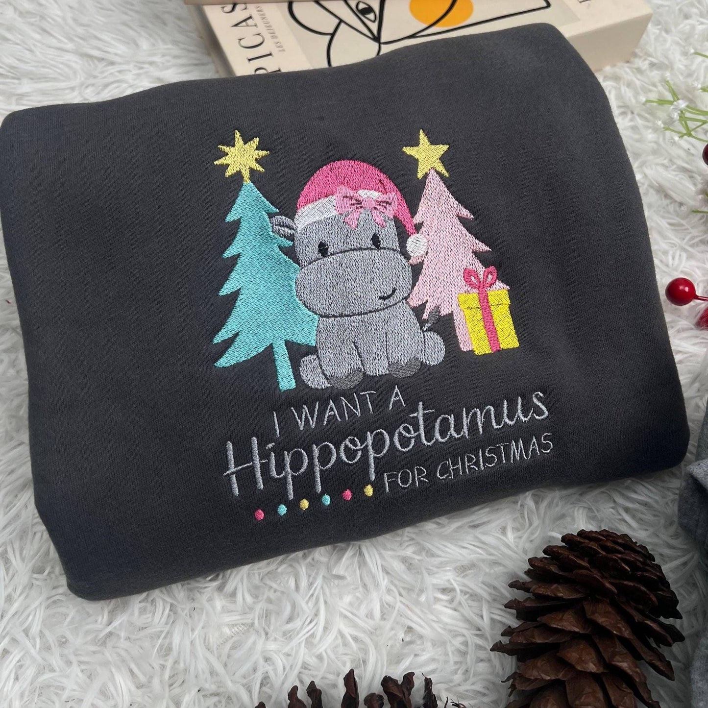I Want A Hippopotamus For Christmas Embroidered Shirt, Cute Xmas Hippo Embroidery Sweatshirt, Holiday Gift Top