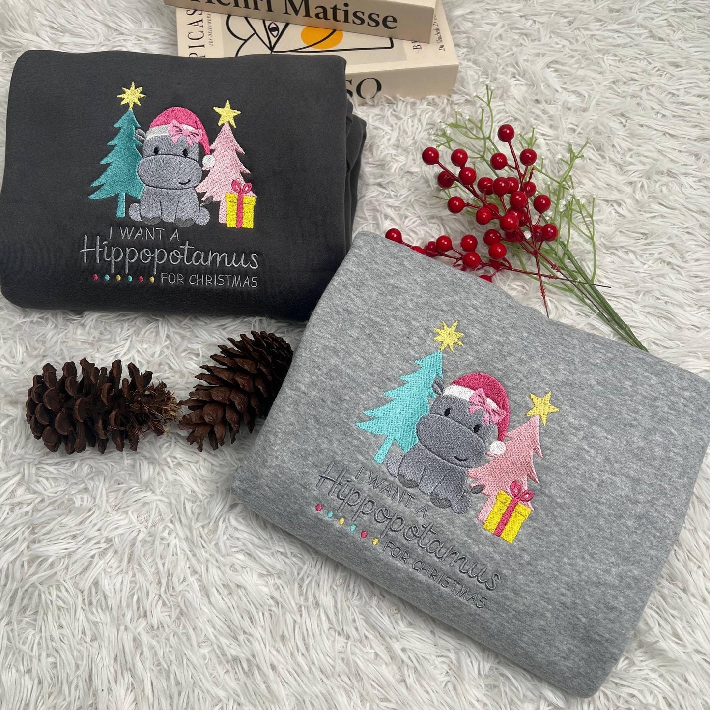 I Want A Hippopotamus For Christmas Embroidered Shirt, Cute Xmas Hippo Embroidery Sweatshirt, Holiday Gift Top