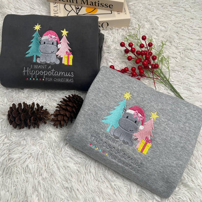 I Want A Hippopotamus For Christmas Embroidered Shirt, Cute Xmas Hippo Embroidery Sweatshirt, Holiday Gift Top
