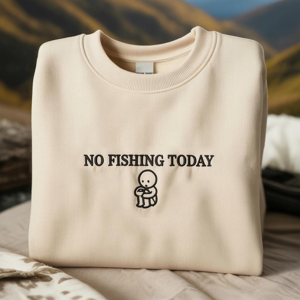 Embroidered "No Fishing Today" T-Shirt: Sad Stick Figure, Nature Gift