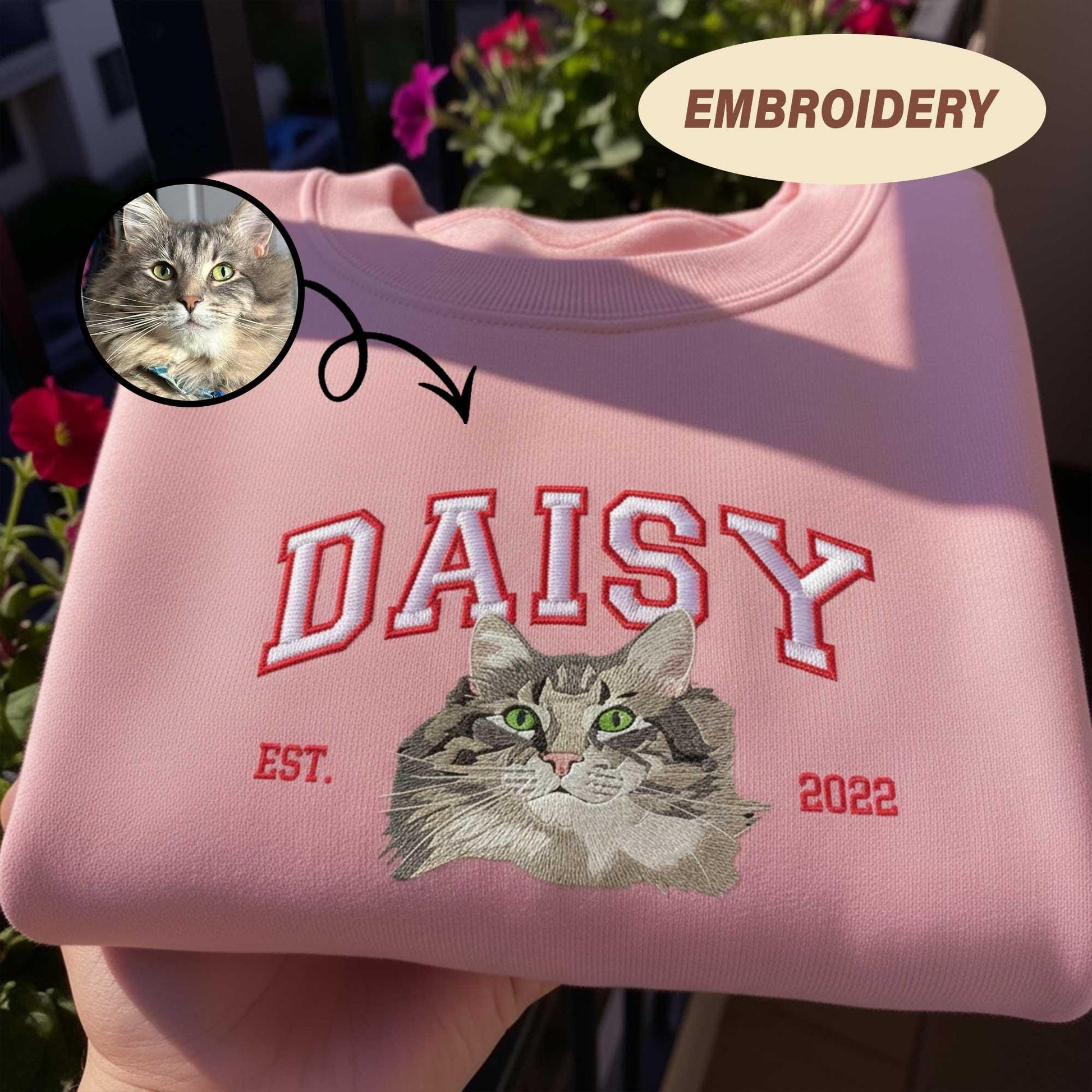Embroidered Dog Mom Sweatshirt, Custom Cat Est Hoodie, Personalized Cat Lover Gift, Pet Portrait Embroidery Shirt, Birthday Gift for Her