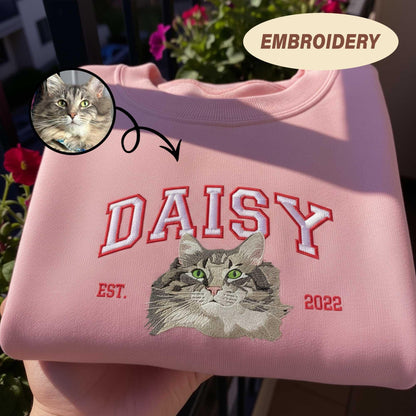 Embroidered Dog Mom Sweatshirt, Custom Cat Est Hoodie, Personalized Cat Lover Gift, Pet Portrait Embroidery Shirt, Birthday Gift for Her