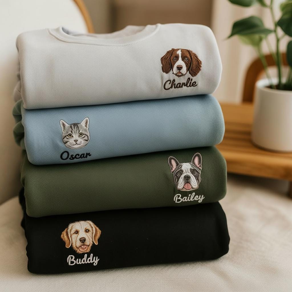 Custom Pet Portrait Sweatshirt, Embroidered Dog Face From Photo, Varsity Crewneck, Personalized Cat Mom Gift, Pet Memorial Shirt